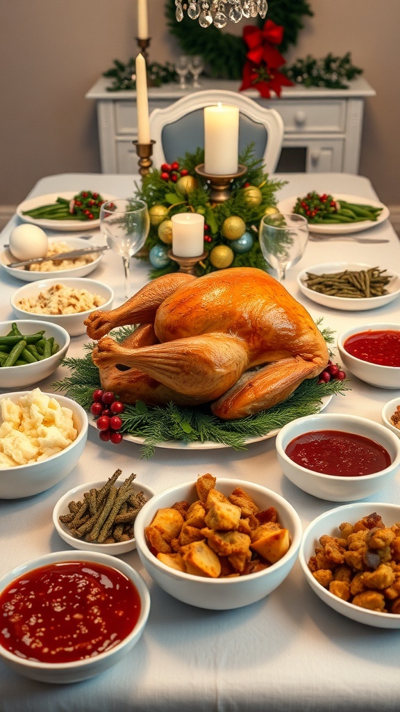 Traditional Christmas Dinner Menu A festive Christmas dinner table with roasted turkey, sides, and decorations.